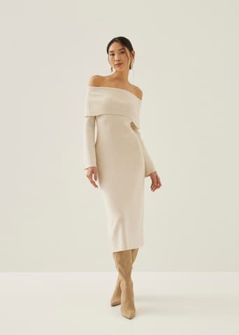 Yassi Off Shoulder Column Midi Dress