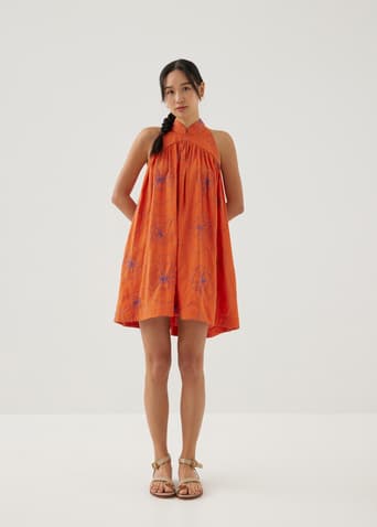 Martina Embroidered Mandarin Collar Mini Dress in Rekindled Blooms