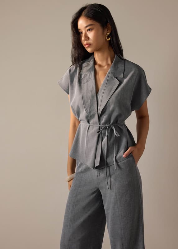 Vina Detachable Sash Melange Front Wrap Top - Image 2