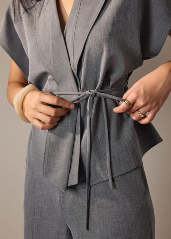 Vina Detachable Sash Melange Front Wrap Top - Image 3