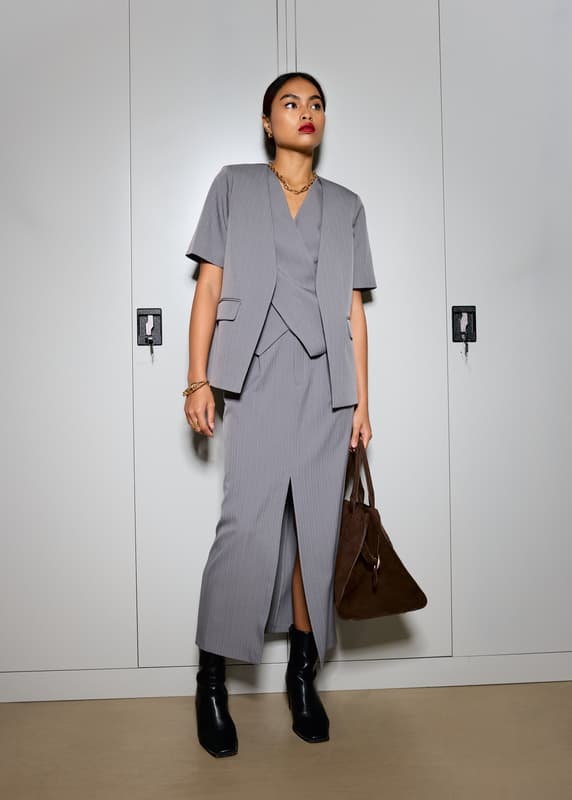 Blake Tailored Pinstripe Front Slit Column Maxi Skirt | Love, Bonito SG