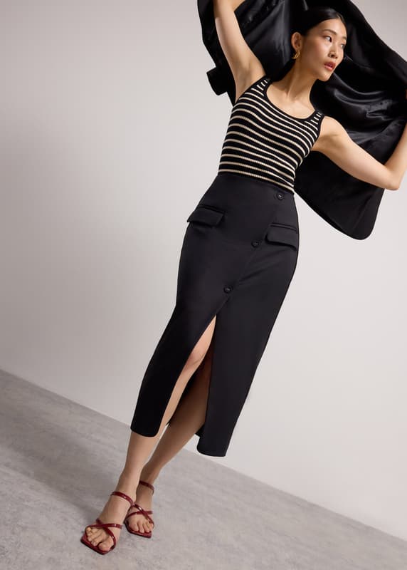 Shuri Asymmetric Front Slit Column Midi Skirt | Love, Bonito INTL
