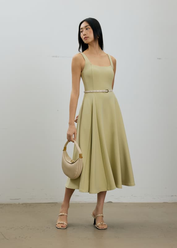knee length dresses for ladies Miss Circle Reina Blue Cotton Poplin Drop Waist Corset Midi Dress S main image 1