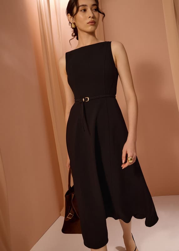 Ling Belted Boat Neck Fit & Flare Midaxi Dress | Love, Bonito SG