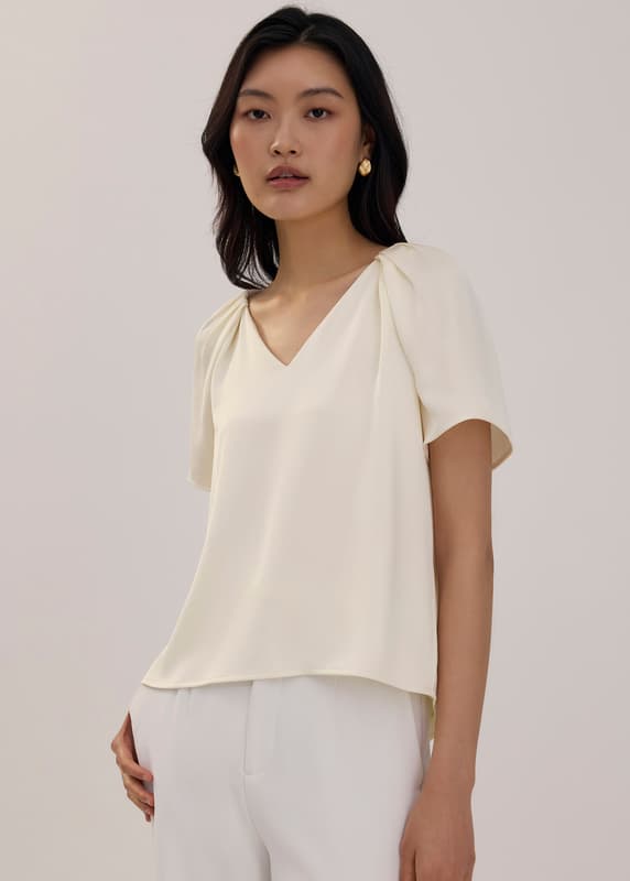 Rareism Women Nito Beige Satin Raglan Sleeves Mandarin Collar Button Closure Plain Top main image 1
