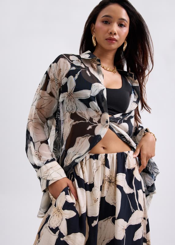 Georgette Oversized Sheer Tunic Shirt in Garden City Blooms | Love