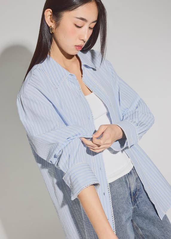 RuchedReady® Relaxed Striped Cotton Scallop Trim Shirt | Love