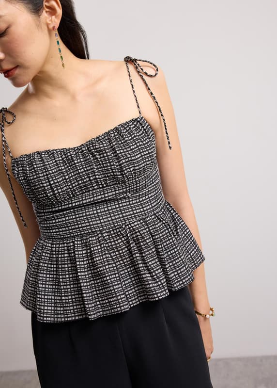 Crinkled Check Lyocell Sweetheart Camisole Peplum Top | Love