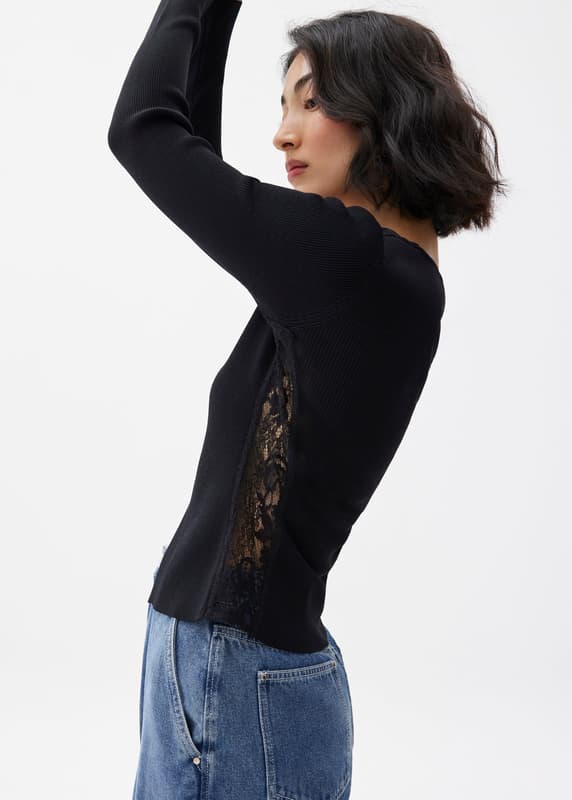 Ribbed Knit Lace Trim V-neck Top | Love, Bonito SG