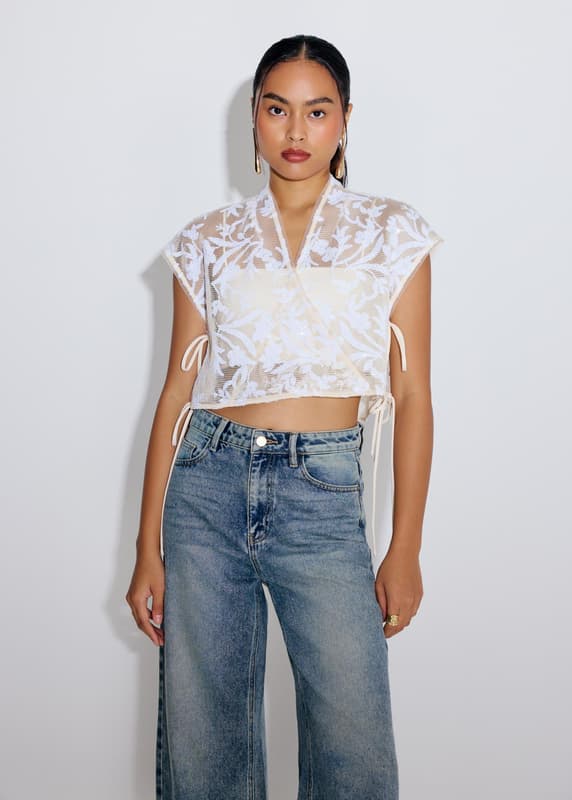 Relaxed Floral Sequin V-Neck Crop Top | Love, Bonito SG