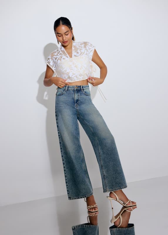 Relaxed Floral Sequin V-Neck Crop Top | Love, Bonito SG