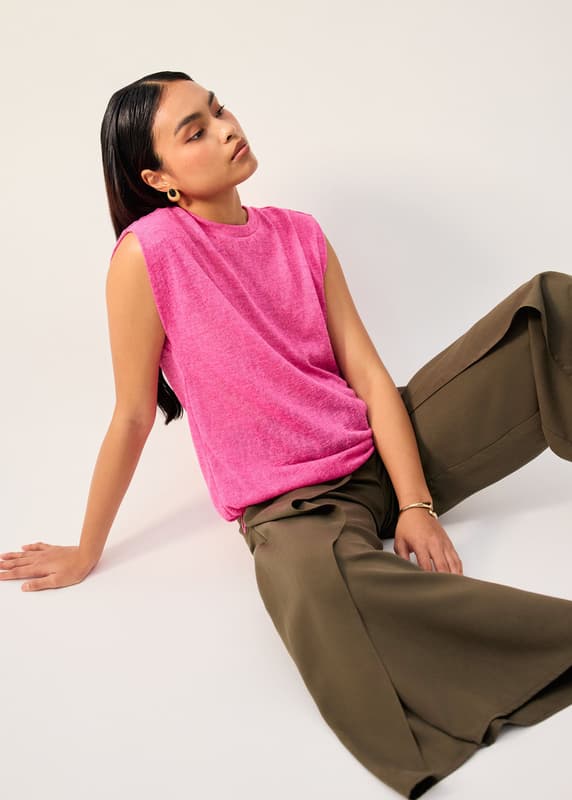 Relaxed Sheer Jersey Toggle Hem Round Neck Shell Top | Love