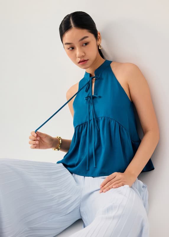 Lyocell Pleated Front Tie Mandarin Collar Peplum Shell Top | Love