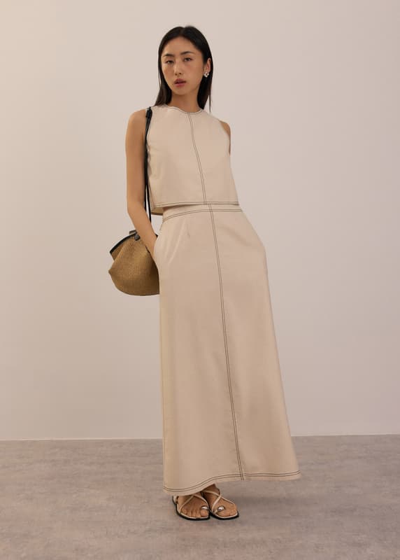 Elastic Contrast Stitch High Waist A-line Maxi Skirt | Love, Bonito SG