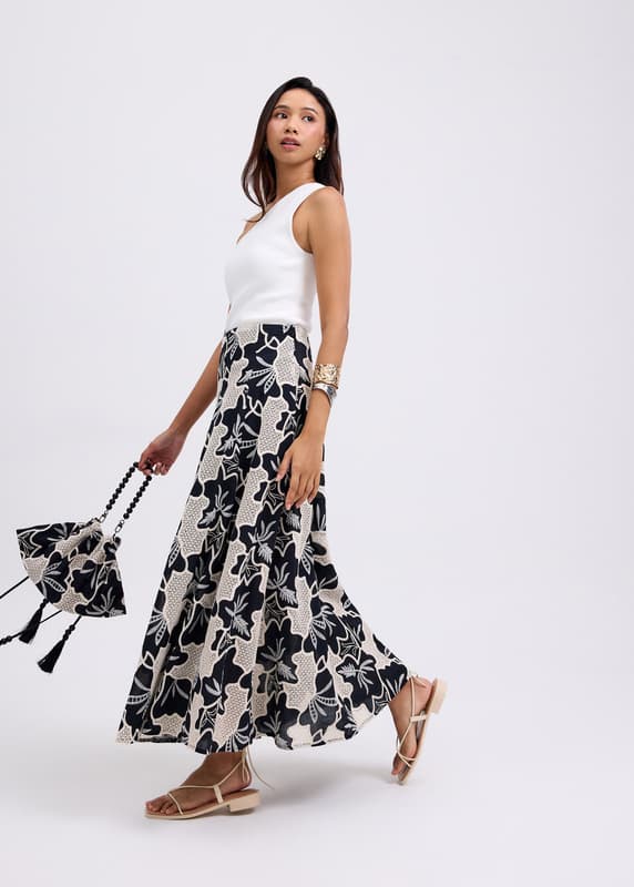 High Waist Flare Maxi Skirt in Midnight Blooms Broderie | Love