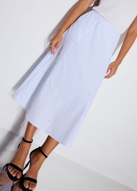 Pearl Embellished Pinstripe Flare Midaxi Skirt | Love, Bonito SG