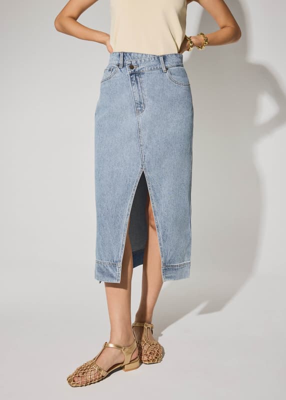 Denim Asymmetric Waistband Front Slit Column Midaxi Skirt | Love