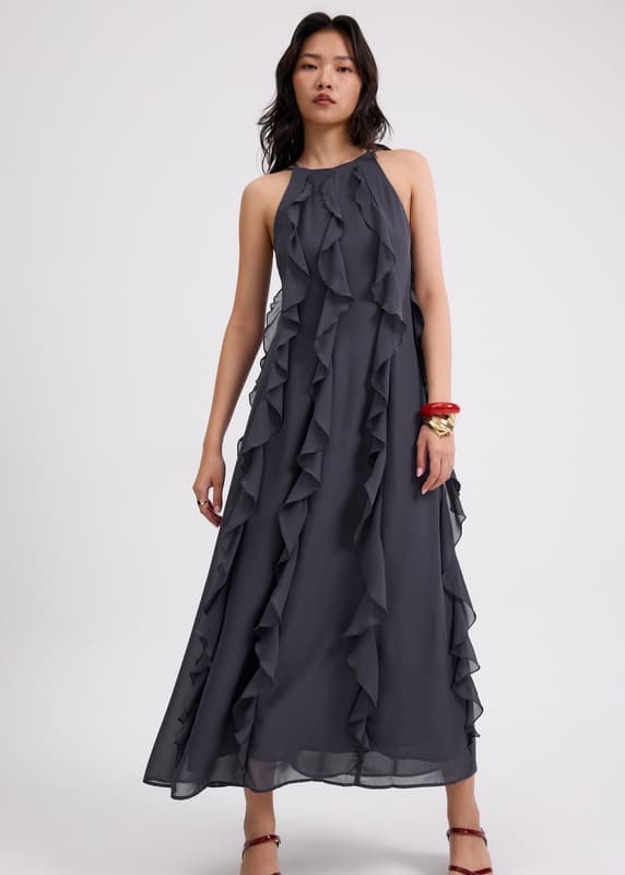 Georgette Halter Trapeze Frill Maxi Dress | Love, Bonito SG