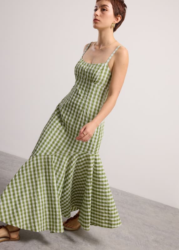 Gingham Seersucker Straight Neck Column Midaxi Dress | Love