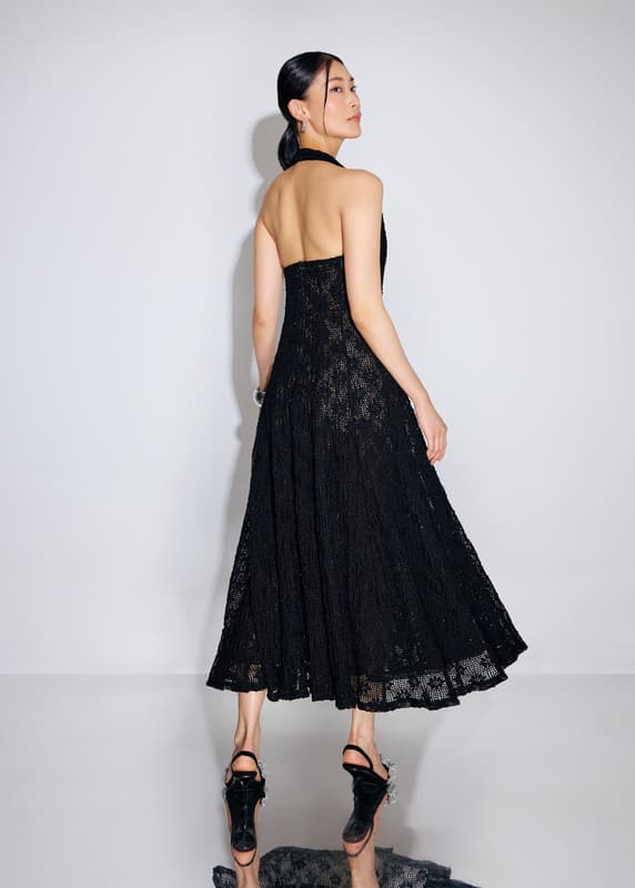 Crochet Halter Plunge Fit & Flare Midaxi Dress | Love, Bonito SG