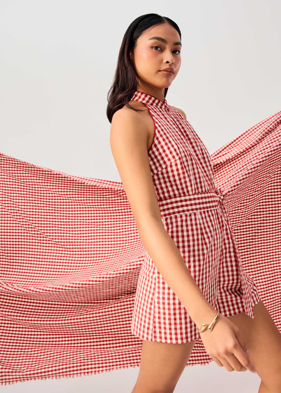 Gingham Cotton Mandarin Collar A-line Romper | Love, Bonito INTL