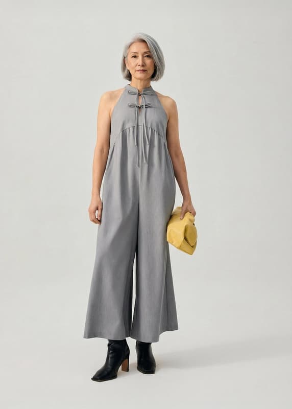 Chambray Mandarin Collar Wide Leg Jumpsuit in Light Grey | Love