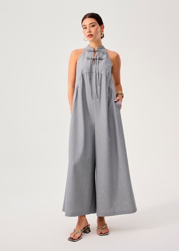 Chambray Mandarin Collar Wide Leg Jumpsuit in Light Grey | Love