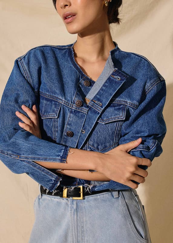 ジャケット・アウター no mass prod Cropped denim flight jacket Z1975 FAUX FUR LAPEL CROPPED DENIM JACKET - Mid-blue | ZARA