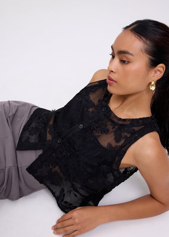Lace Embroidery Boxy Crop Vest | Love, Bonito SG