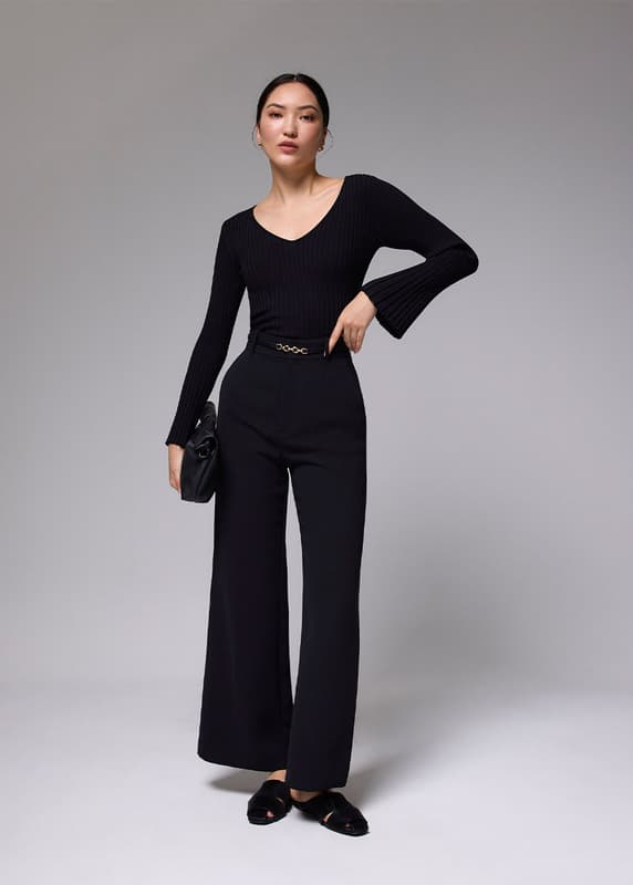 Flared Sleeve Textured Knit Pullover Top