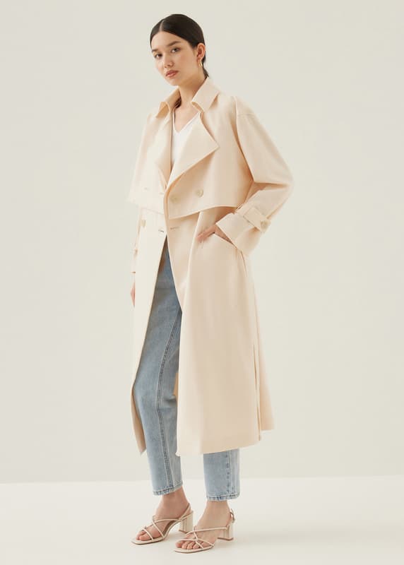 AMERI　TRENCH LIKE MIDI COAT Tailored Contrast Tip Detail Cape Trench Midi Coat | Karen