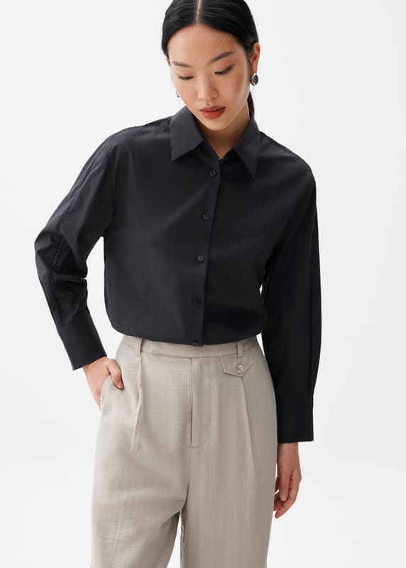 Cotton Lace Trim Collared Shirt