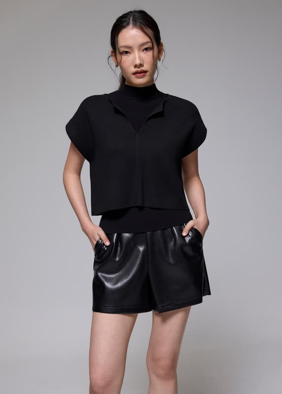 Elastic Vegan Leather High Waist A-line Shorts