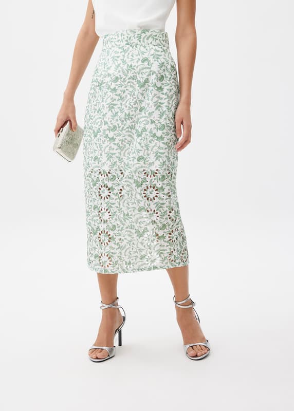 Floral Broderie Pencil Midaxi Skirt