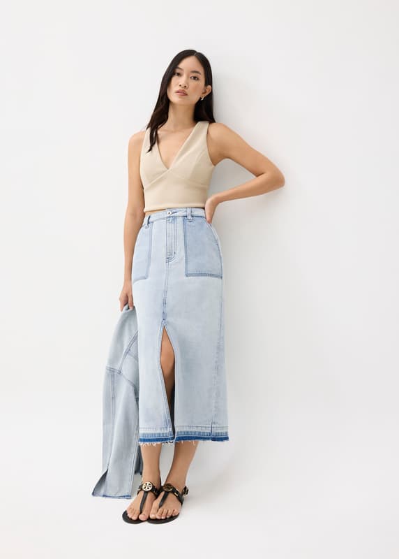 Denim High Waist Column Midaxi Skirt