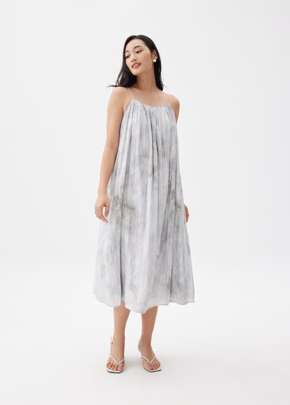Recycled Satin Abstract Print Trapeze Dress With Gold Detail main image 0