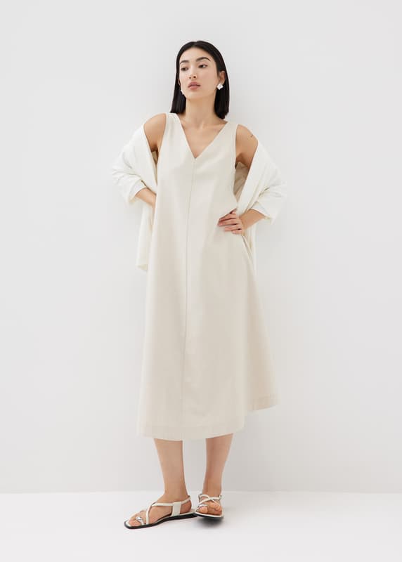 Poplin V-neck Trapeze Midi Dress