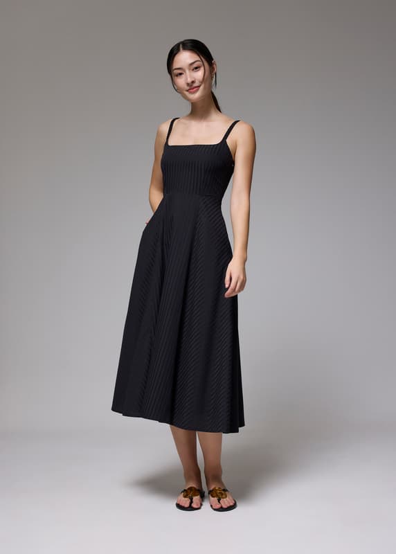 Padded Striped Fit & Flare Midaxi Dress