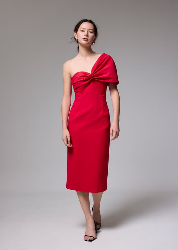 Asymmetric Front Twist Column Midi Dress