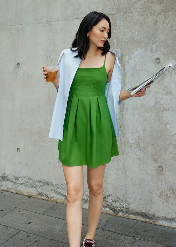 Linen Square Neck Fit & Flare Mini Dress