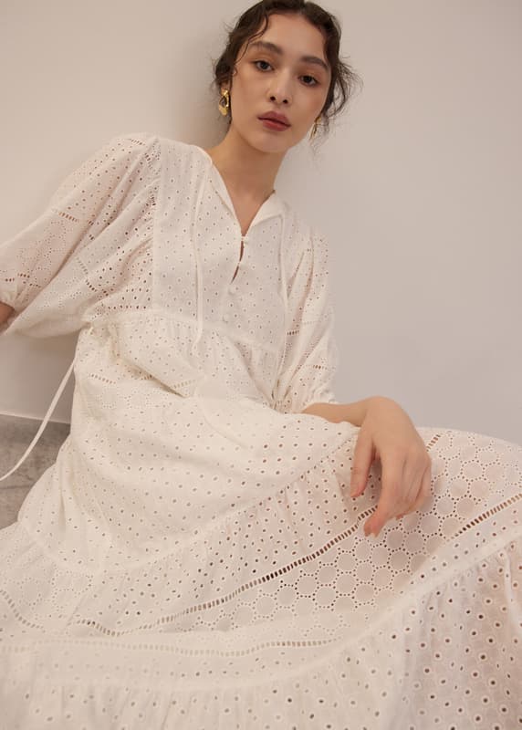 Lenina ♥ ALENA embroidery puff sleeve dress Alanna Puff Sleeve Lace Maxi Dress | Yellow Hollow-Out Chic