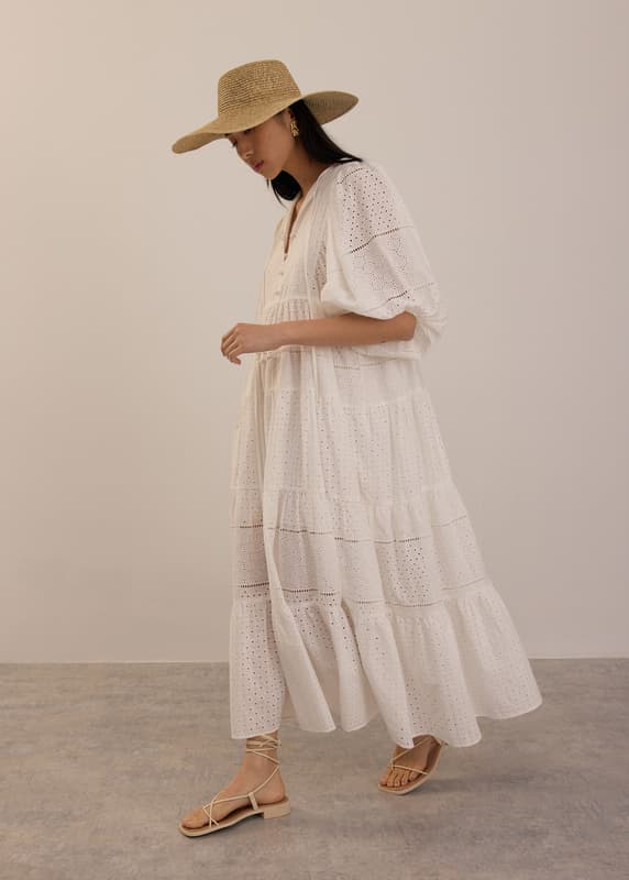 Broderie Puff Sleeve Trapeze Maxi Dress