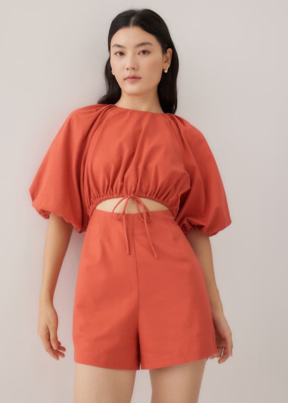 Jaylin Linen Puff Sleeve Romper | Love, Bonito SG