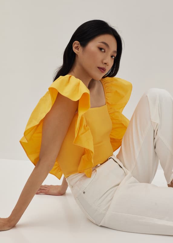 Asymmetrical Halter Neck Top with Side Ruffle Detail