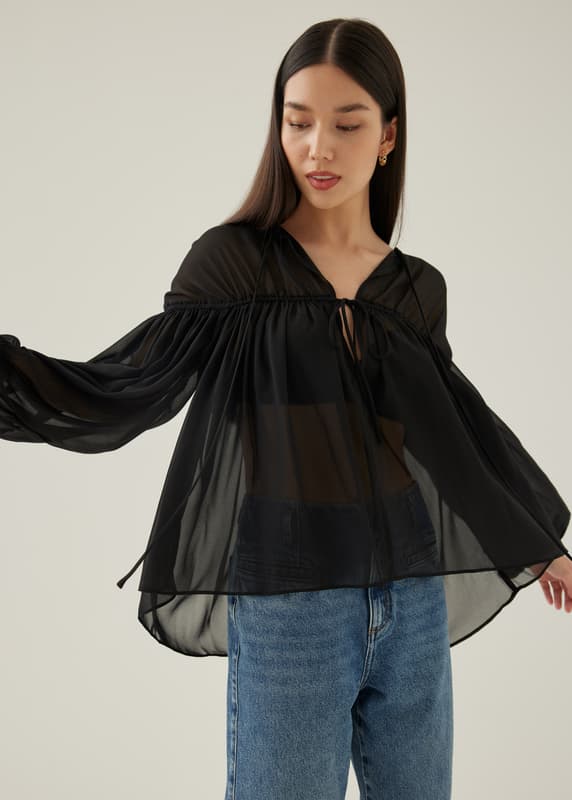 Black sheer puff sleeve blouse deals