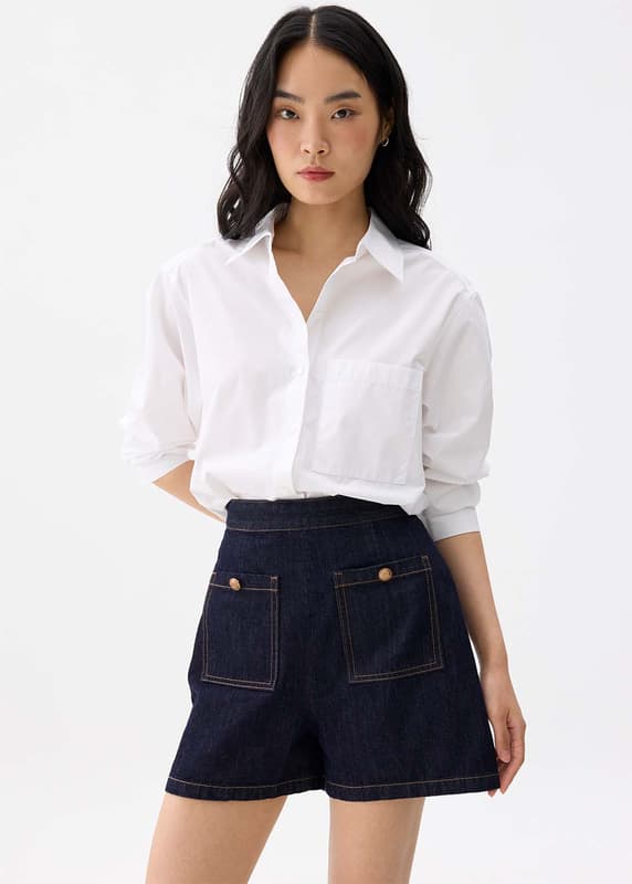 Denim elastic waist shorts cheap