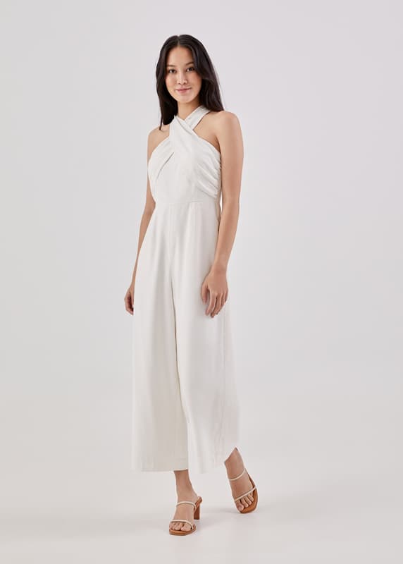 Love triangle halter neck open back jumpsuit shop with thigh split in white
