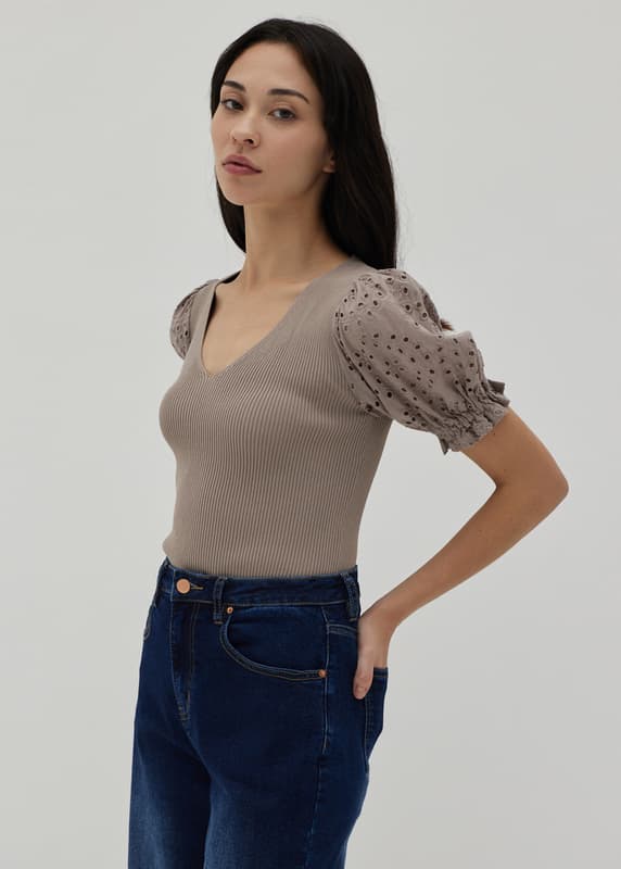 Ariane Broderie Puff Sleeve Knit Top | Love, Bonito US