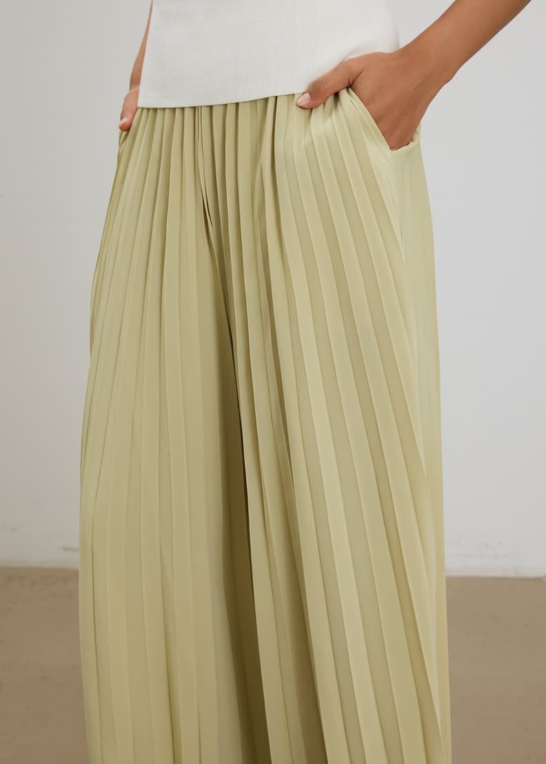 【美品】bow.a 水際wide pants ベージュ シフォンハイウエストタックドレス/ギャザー/リボン/フレアー