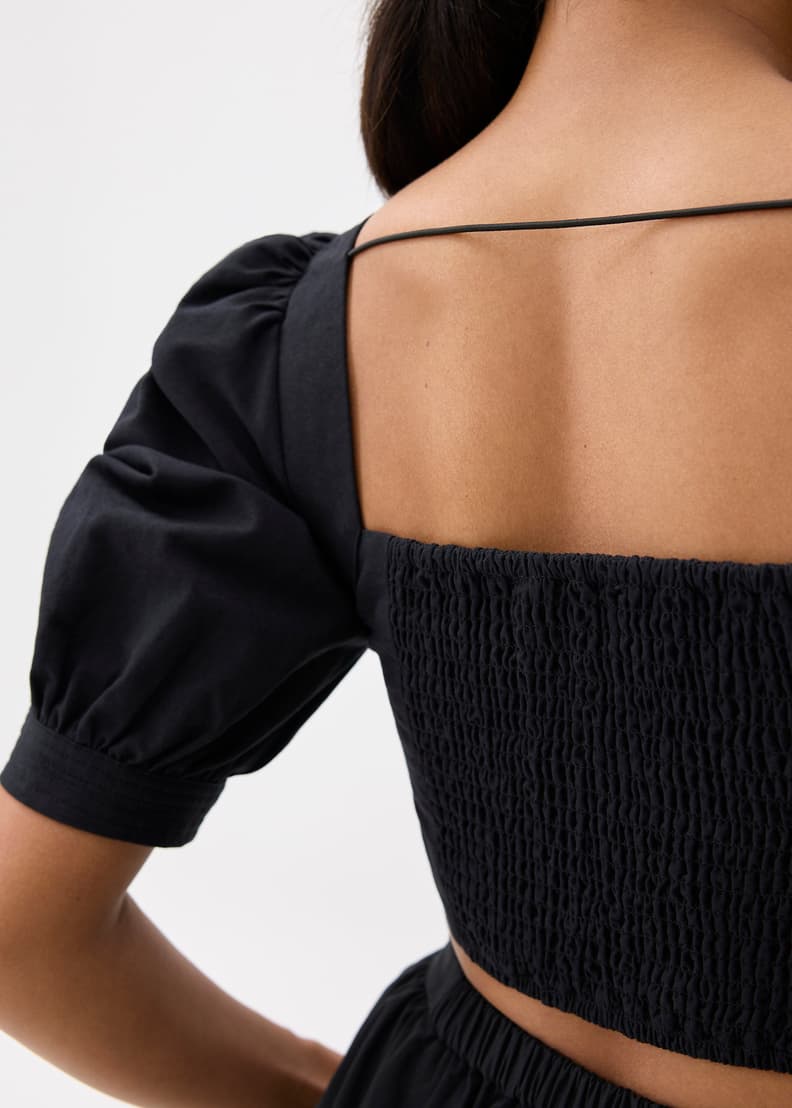 トップス WAIST SHAPE PUFF SLEEVE TOPS BLACK 1 Black Smocking Puff Sleeve Top